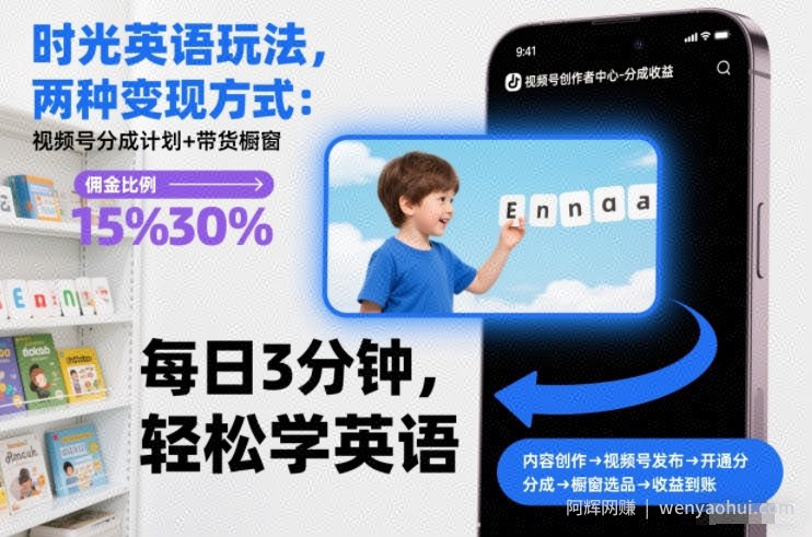 时光英语玩法，两种变现方式：视频号分成计划+带货橱窗