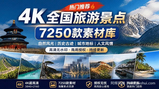 热门全国旅游风景素材！4K全国旅游景点素材库，7250款素材，旅行达人城市航拍风景风光高清短视频