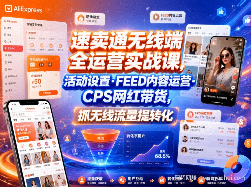 速卖通无线端全运营实战课，活动设置・FEED内容运营・CPS网红带货，抓无线流量提转化