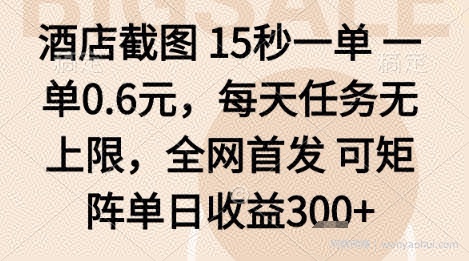 酒店截图项目，15秒一单，一单0.6米，每天任务无上限，全网首发可矩阵单日收益3张+【揭秘】