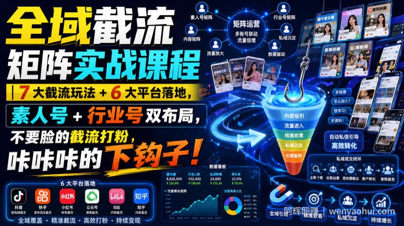 全域截流矩阵实战课程|7大截流玩法+6大平台落地,素人号+行业号双布局,不要脸的截流打粉,咔咔咔的下钩子!