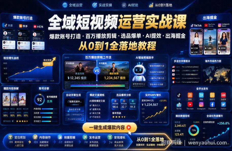 全域短视频运营实战课，爆款账号打造・百万播放剪辑・选品爆单・AI提效・出海掘金，从0到1全落地教程