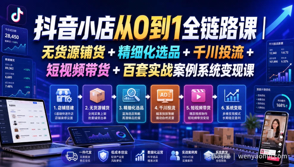 抖音小店从0到1全链路课｜无货源铺货+精细化选品+千川投流+短视频带货+百套实战案例系统变现课（2026年7月更新）
