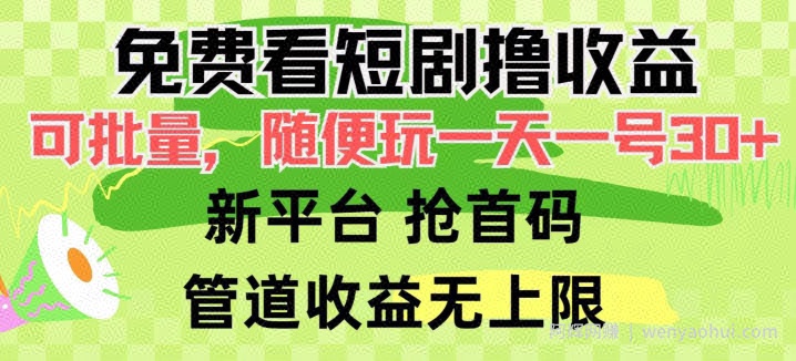 免费看短剧撸收益，可挂JI批量，随便玩一天一号30+做推广抢首码，管道收益