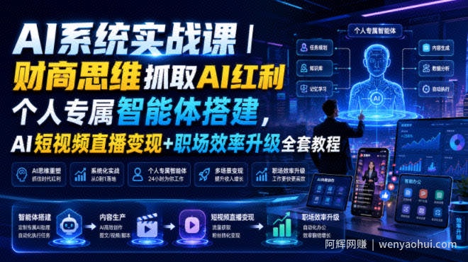 AI系统实战课｜财商思维抓取AI红利｜个人专属智能体搭建，AI短视频直播变现+职场效率升级全套教程