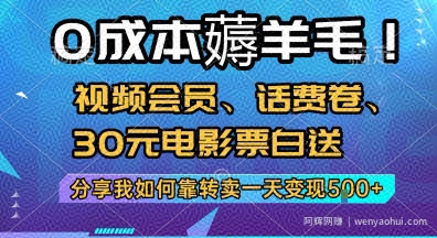 0成本薅羊毛!视频会员、话费卷、30元电影票白送，分享我如何靠转卖一天变现5张+【揭秘】