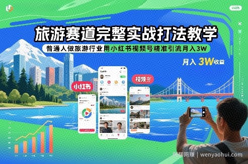 旅游赛道完整实战打法教学，普通人做旅游行业用小红书视频号精准引流月入3W