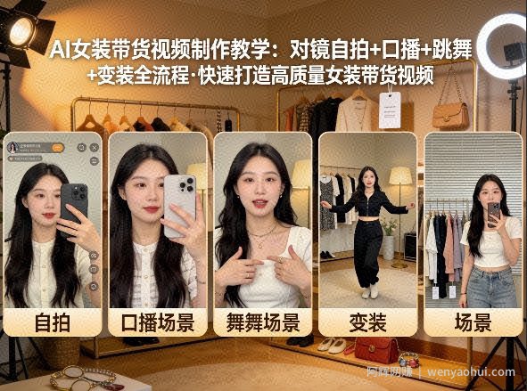 AI女装带货视频制作教学，对镜自拍、口播、跳舞、变装全流程，快速打造高质量女装带货视频