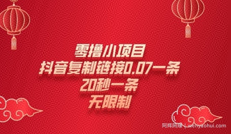 零撸小项目，新玩法，抖音复制链接0.07一条，20秒一条，无限制