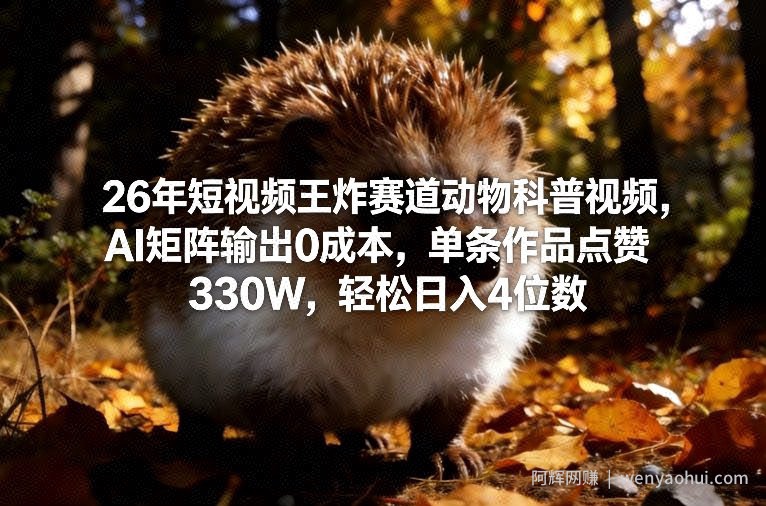 26年短视频王炸赛道动物科普视频，AI矩阵输出0成本，单条作品点赞330W，轻松日入4位数