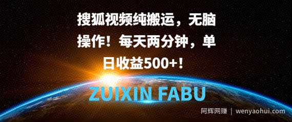 搜狐视频纯搬运，无脑操作!每天两分钟，单日收益5张