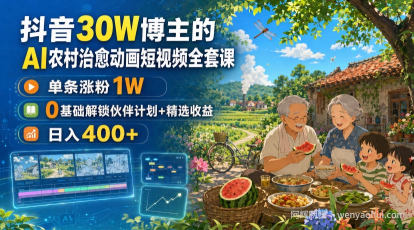 抖音30W博主的AI农村治愈动画短视频全套课|单条涨粉1W,0基础解锁伙伴计划+精选收益,日入400+