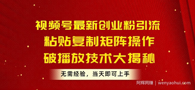 视频号最新创业粉引流，粘贴复制矩阵操作，破播放技术大揭秘，无需经验，当天即可上手