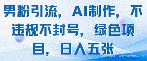 男粉引流，AI制作，不违规不封号，绿色项目，日入五张