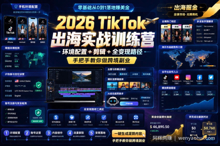 2026 TikTok出海实战训练营，环境配置 + 剪辑 + 全变现路径，手把手教你做跨境副业
