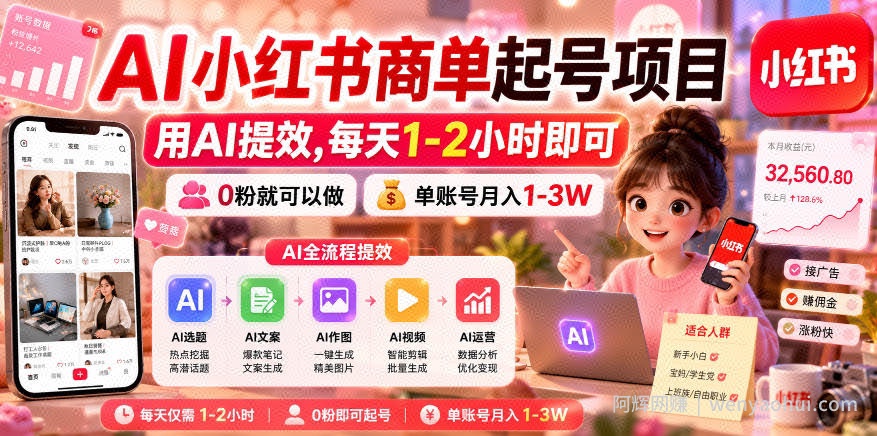 AI小红书商单起号项目，用AI提效,每天1-2小时即可，0粉就可以做，单账号月入1-3W