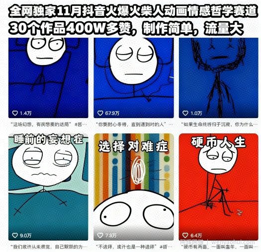 全网独家11月抖音火爆火柴人动画情感哲学赛道，30个作品400W多赞，制作简单，流量大【教学+素材】