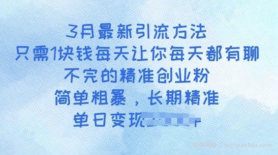 3月最新引流方法，只需1块钱每天让你每天都有聊不完的精准创业粉，简单粗暴，长期精准