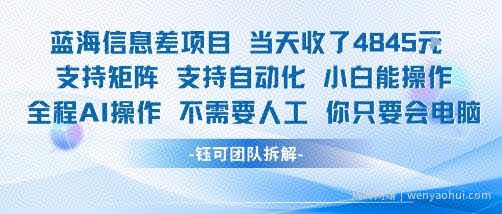 蓝海信息差项目当天收米1k+ 支持矩阵支持自动化小白能操作全程AI操作不需要人工你只要会电脑