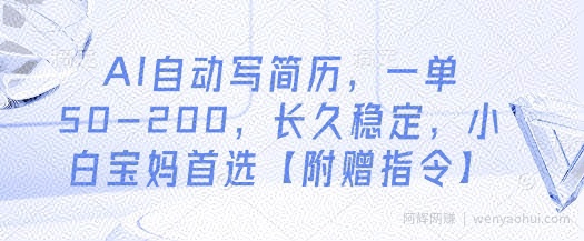 AI自动写简历，一单50-200，长久稳定，小白宝妈首选【附赠指令】