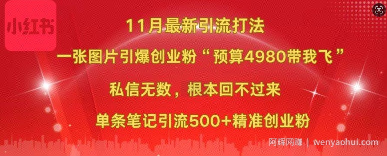 小红书11月最新图片打粉，一张图片引爆创业粉，“预算4980带我飞”，单条引流500+精准创业粉