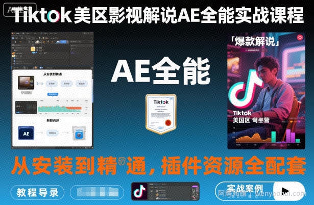 Tiktok美区影视解说AE全能实战课程：从安装到精通，插件资源全配套，TK影视解说必学