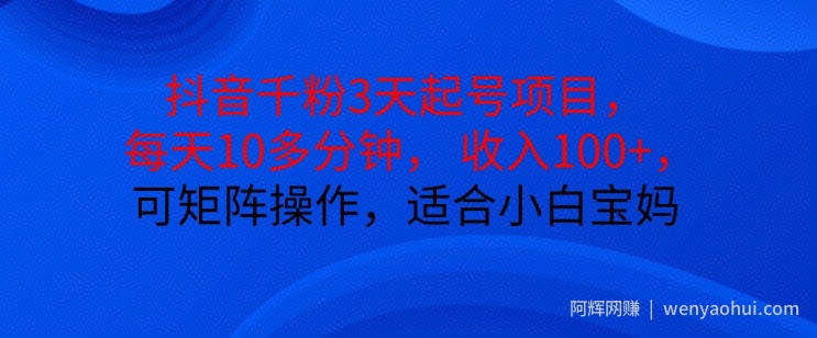抖音干粉3天起号项目，每天10多分钟，收入100+，可矩阵操作，适合小白宝妈