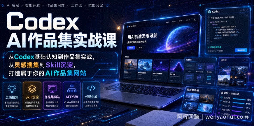 Codex AI作品集实战课，从Codex基础认知到作品集实战，从灵感搜集到Skill沉淀，打造属于你的AI作品集网站