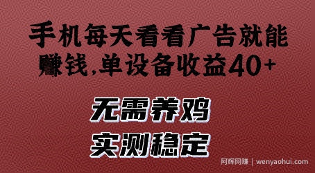 手机每天看看广告就能挣钱，单设备收益40+，无需养鸡，实测稳定【揭秘】