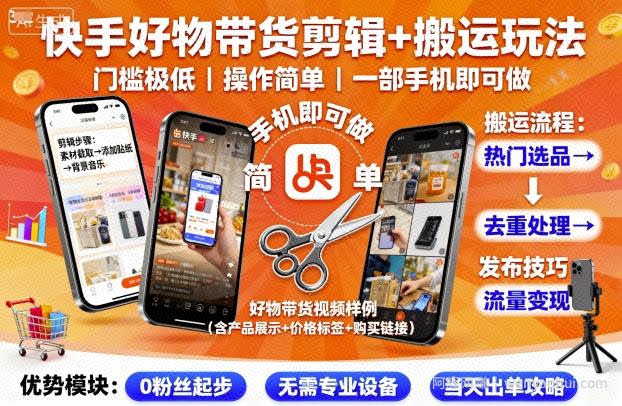 快手好物带货剪辑+搬运玩法，门槛极低，操作简单，一部手机即可玩做