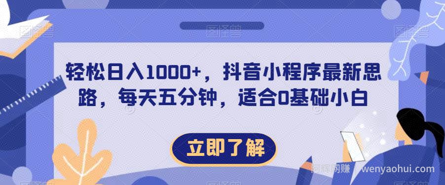 轻松日入1000+，抖音小程序最新思路，每天五分钟，适合0基础小白【揭秘】