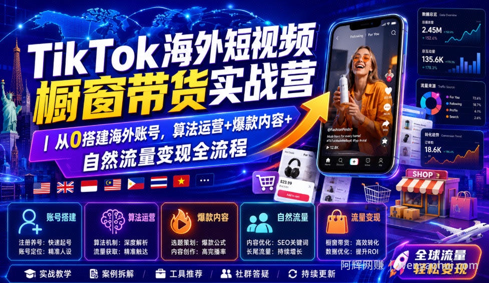 TikTok海外短视频橱窗带货实战营｜从0搭建海外账号，算法运营+爆款内容+自然流量变现全流程