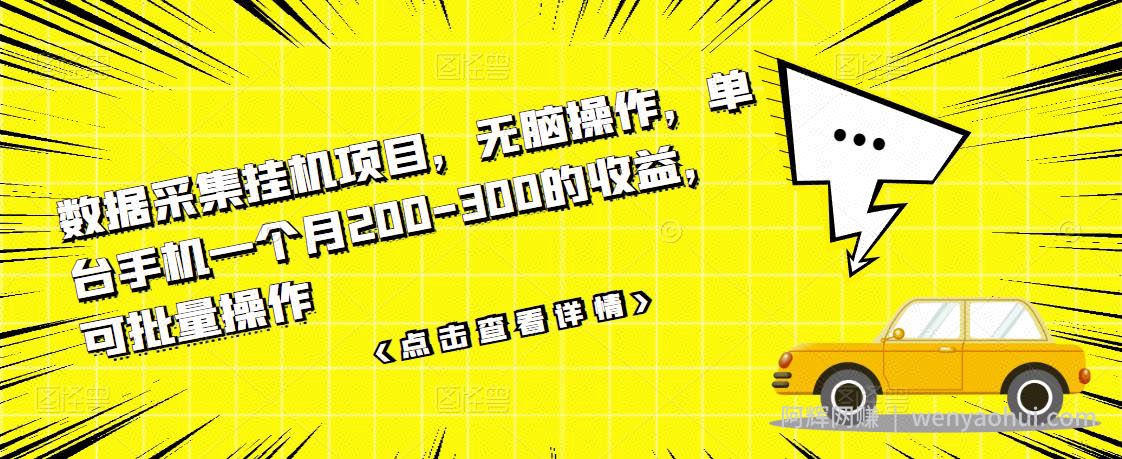 数据采集挂JI项目，无脑操作，单台手机一个月200-300的收益，可批量操作