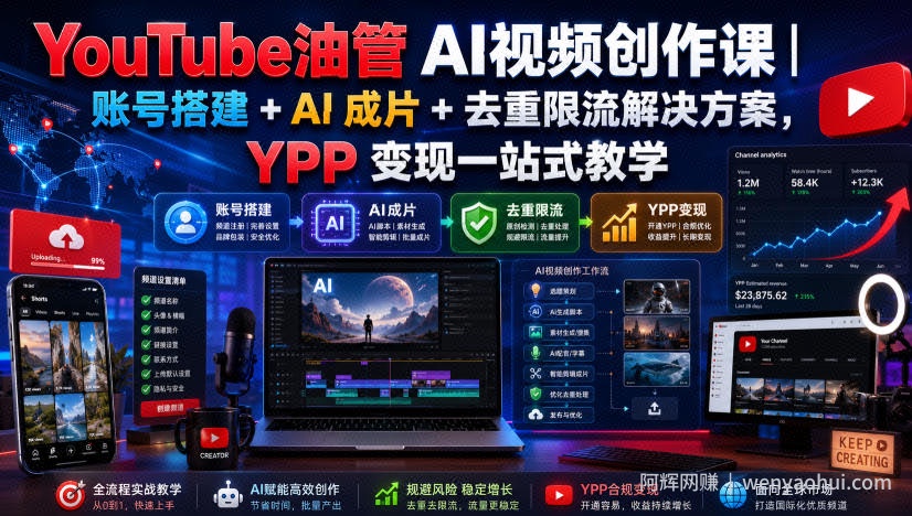 YouTube油管AI视频创作课｜账号搭建+AI成片+去重限流解决方案，YPP变现一站式教学