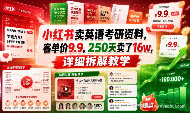 小红书卖英语考研资料，客单价9.9，250天卖了16w，详细拆解教学