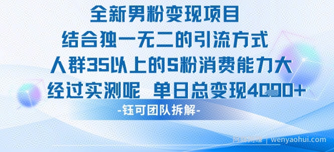 全新男粉变现项目引流人群35以上的男粉消费能力大 经过实测单日变现1k+