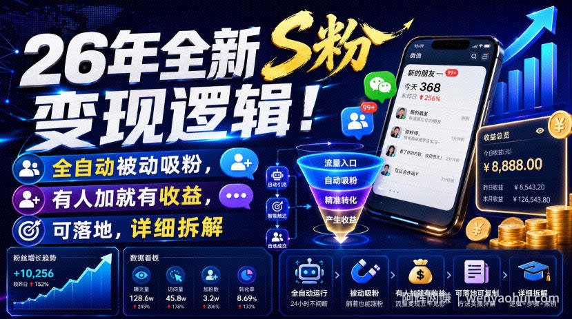 26年全新S粉变现逻辑！全自动被动吸粉，有人加就有收益，可落地，详细拆解