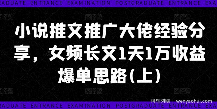 小说推文推广大佬经验分享，女频长文1天1万收益爆单思路(上)